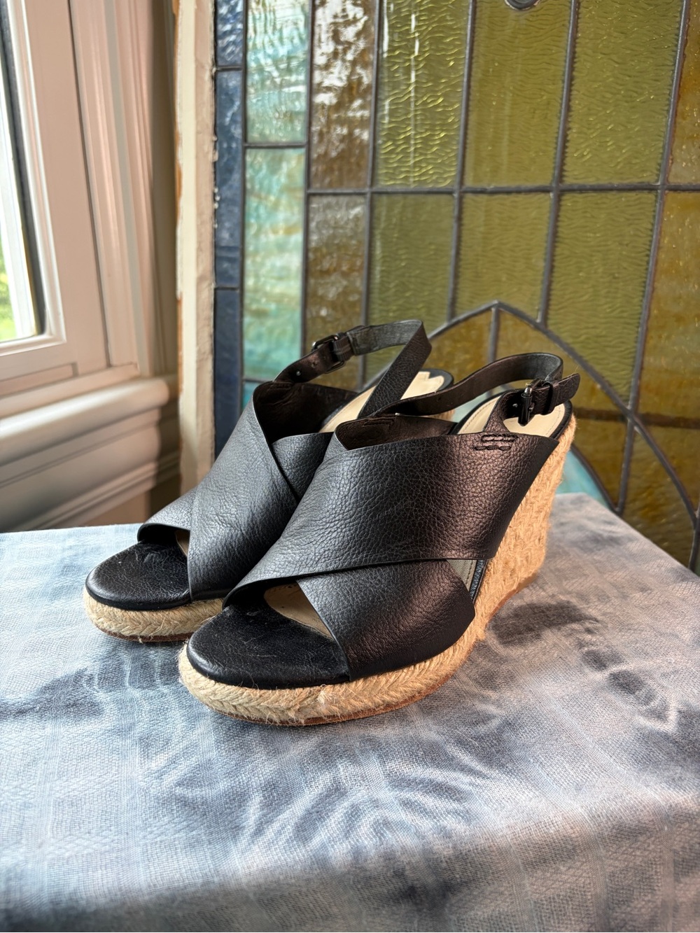Via Spiga Women's 7.5 Black Vero Cuoio Genuine Leather Espadrille Wedge Sandals